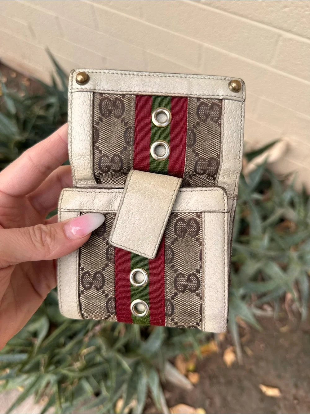 Gucci Small Monogram Canvas Wallet with Red and Green Stripe